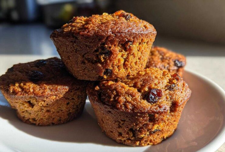 A close-up stack of four golden brown honey bran muffins dotted with raisins, sitting on a white plate.