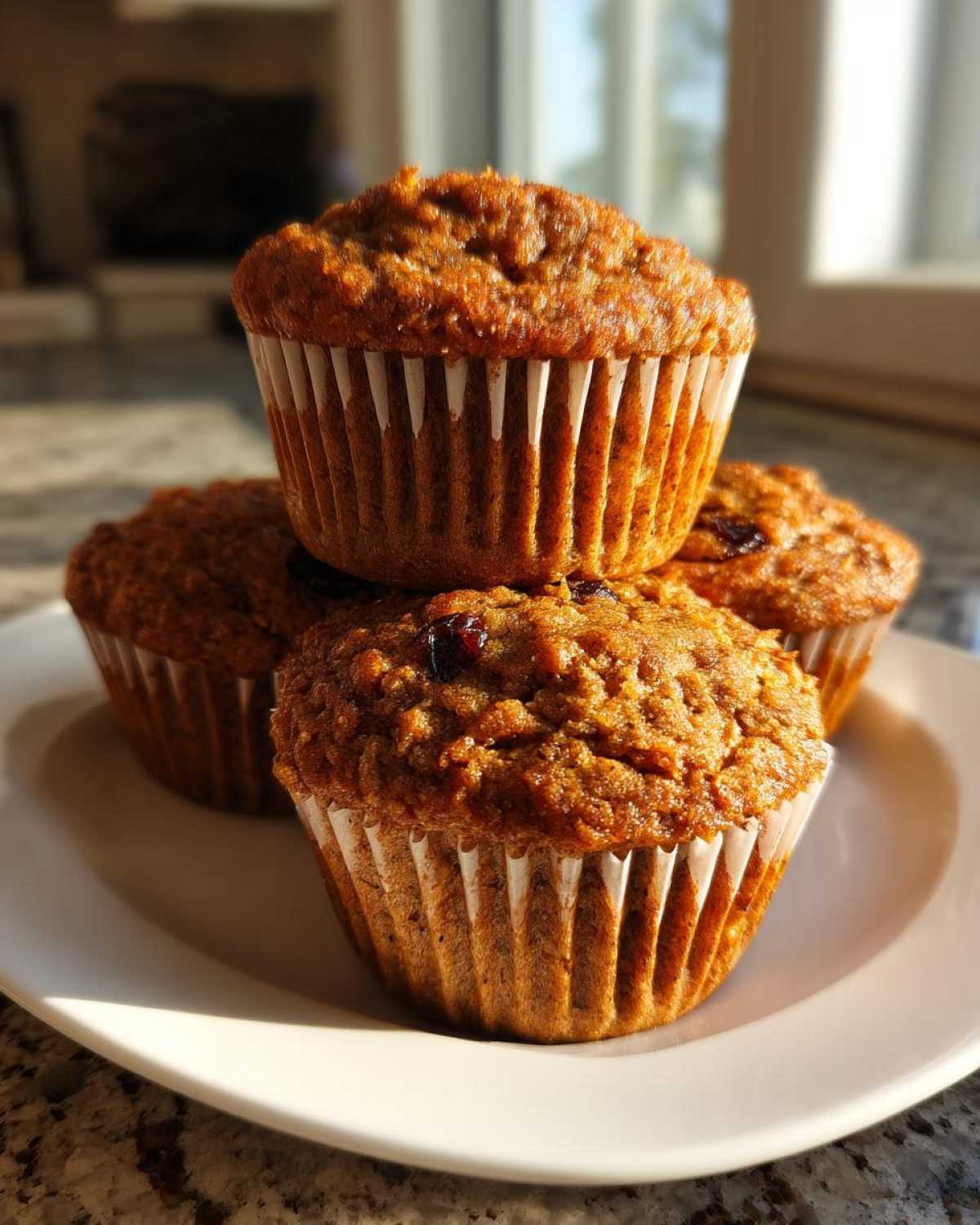 A stack of four freshly baked honey bran muffins sitting on a white plate in bright morning light.