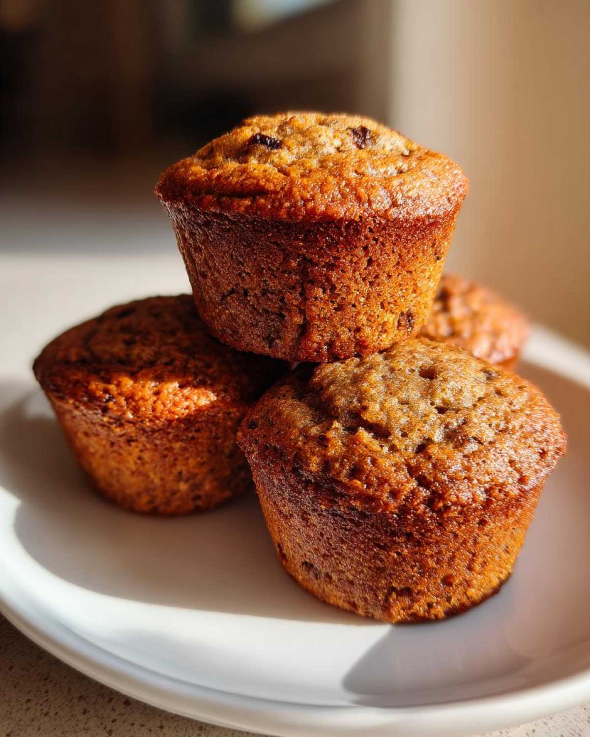 A stack of three golden brown honey bran muffins, showing texture and small dark inclusions, sitting on a white plate.