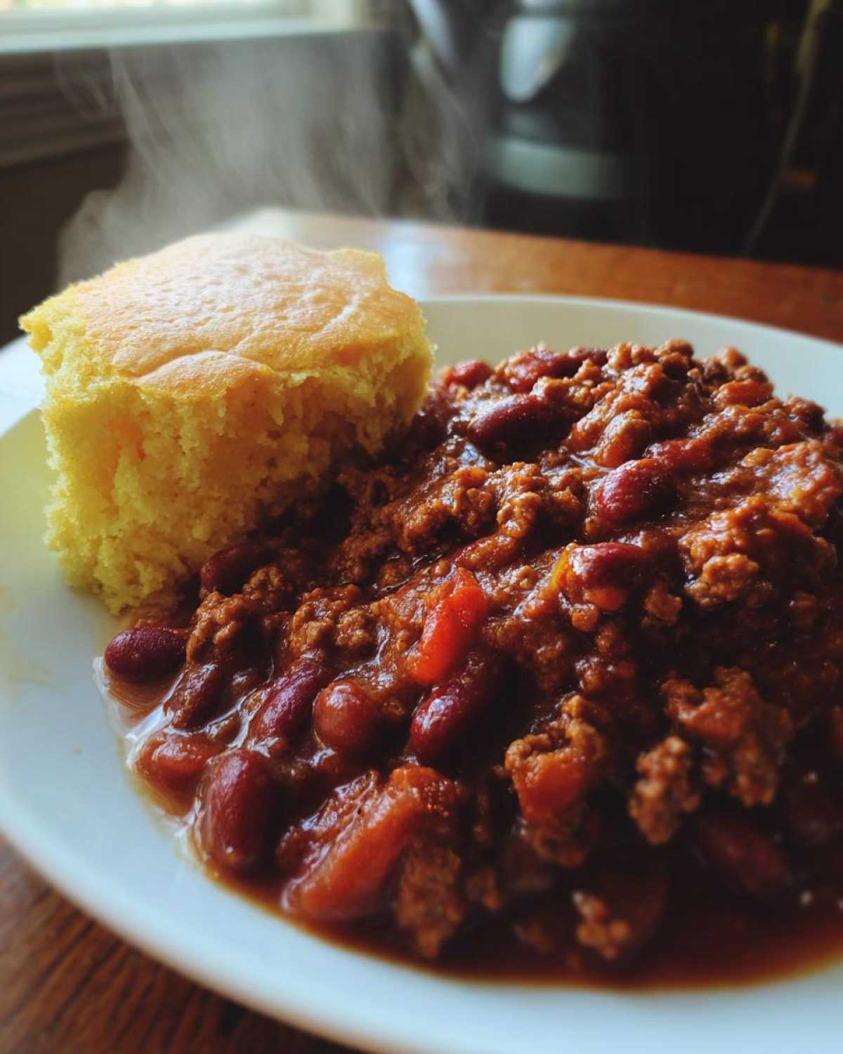Close-up of hot, steaming crockpot chili with kidney beans served next to a piece of cornbread on a white plate.