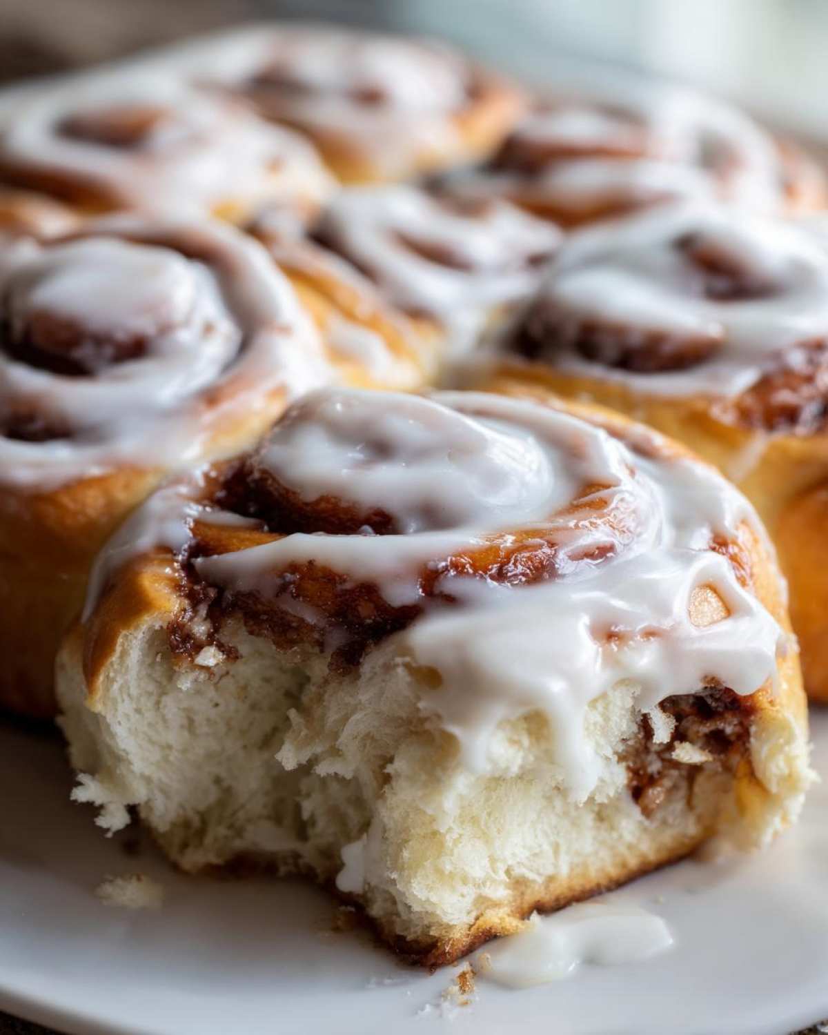 A close-up shot of a soft, freshly baked cinnamon roll with thick white icing, showing a bite taken out to reveal the fluffy interior.