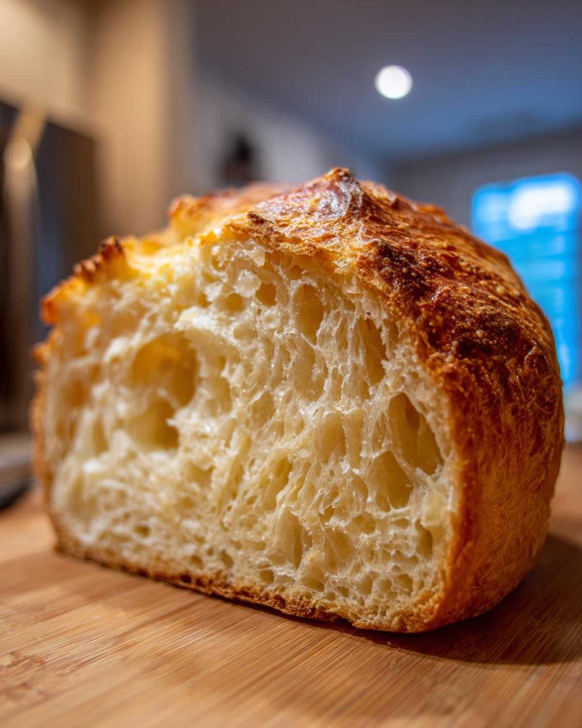 Close-up of the airy, open crumb structure inside a loaf of homemade Italian bread with a golden crust.