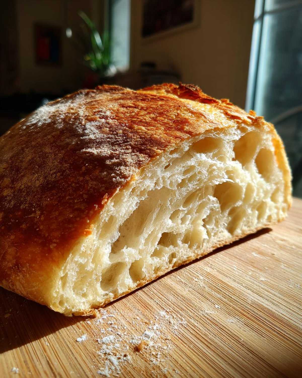 Cross-section of homemade Italian bread showing an open, airy crumb structure and a deeply browned crust.
