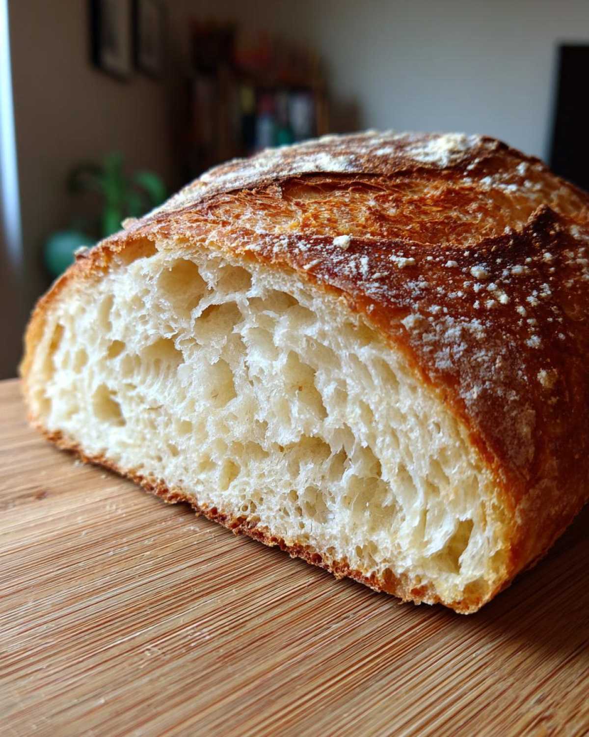 Close-up of the open crumb structure and golden crust of freshly baked Italian bread.