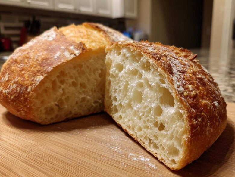 Close-up of a freshly baked Italian bread loaf cut in half, showing an open, airy crumb structure and golden crust.