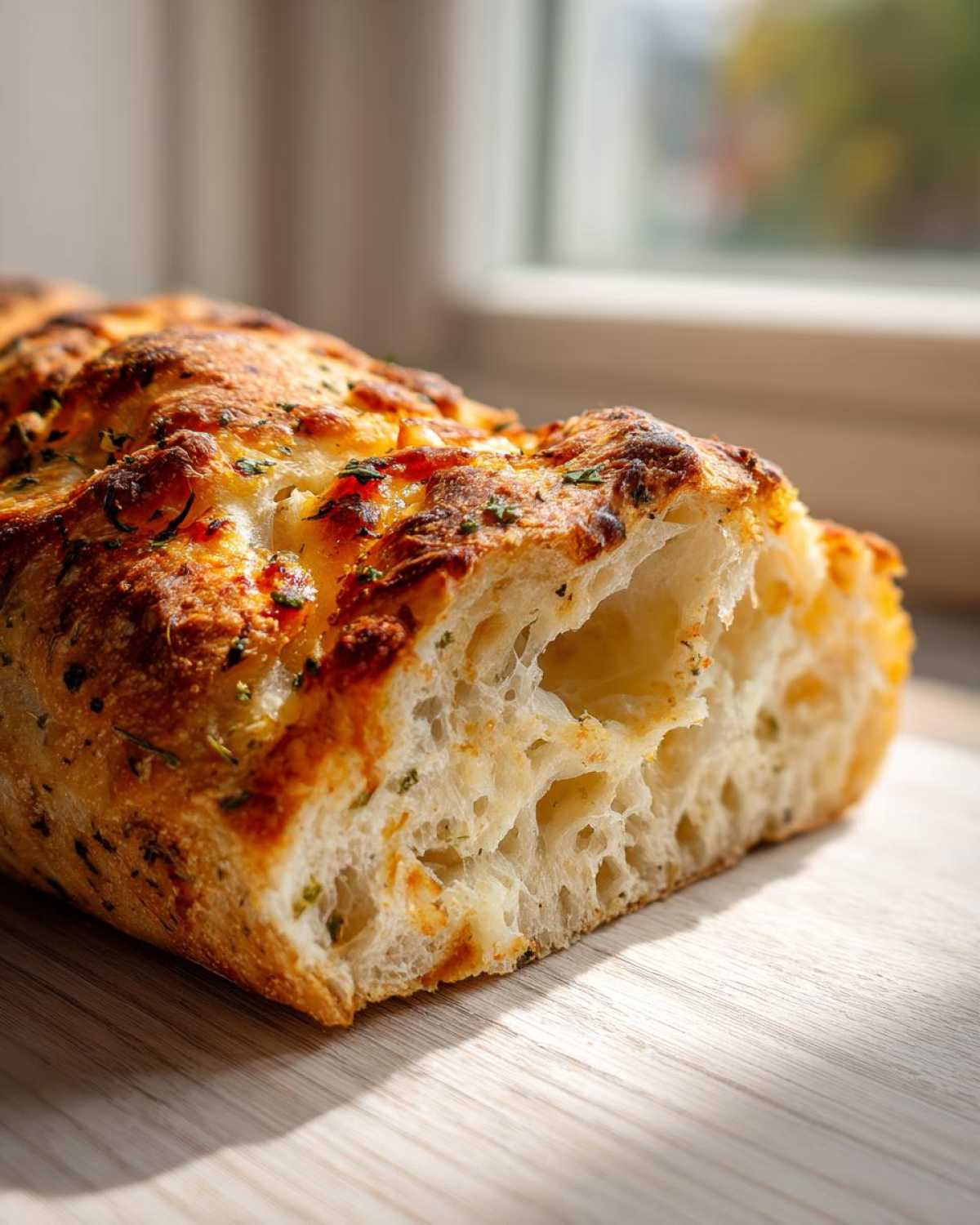 Close-up of the airy interior crumb of Italian herb and cheese bread with a golden, cheesy crust.