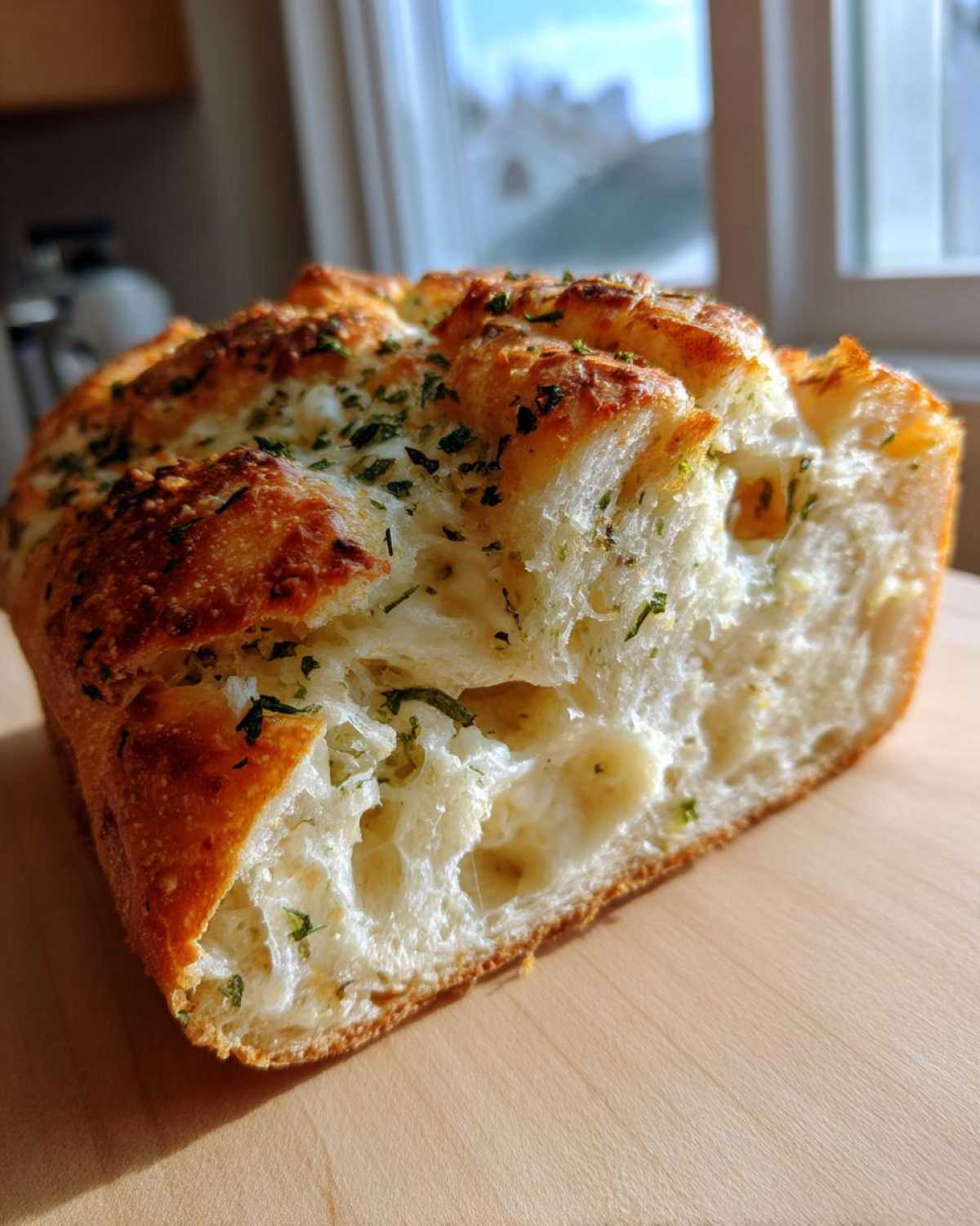 A cross-section of freshly baked Italian herb and cheese bread showing a soft, airy interior and golden crust.