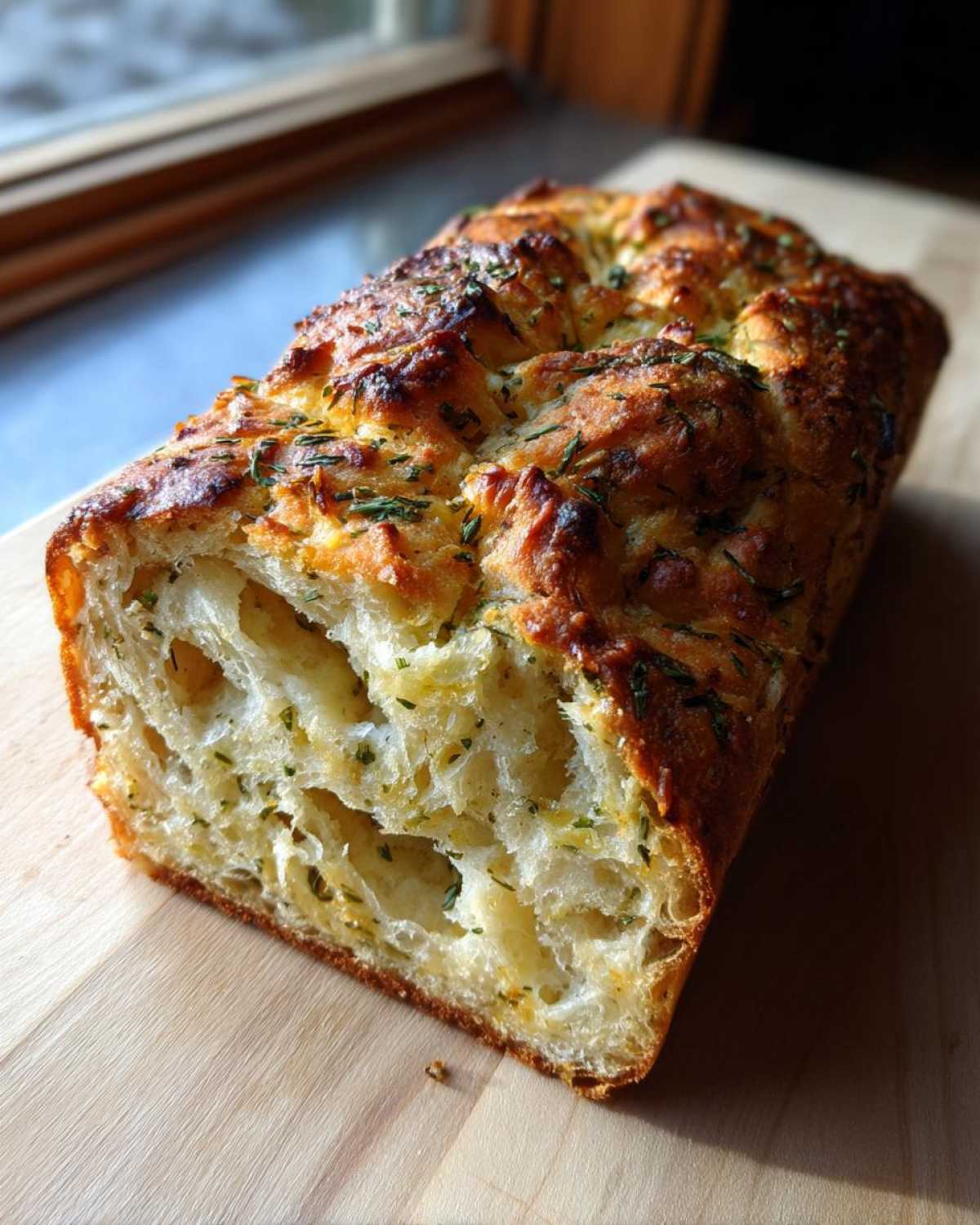 A golden-brown loaf of Italian herb and cheese bread, sliced open to show the fluffy interior and cheesy herbs.