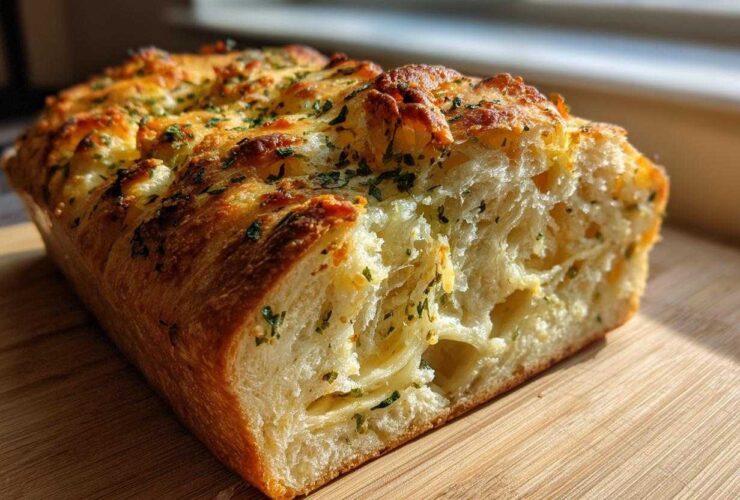 Close-up of a freshly baked Italian herb and cheese bread loaf cut open, showing soft interior and cheesy topping.