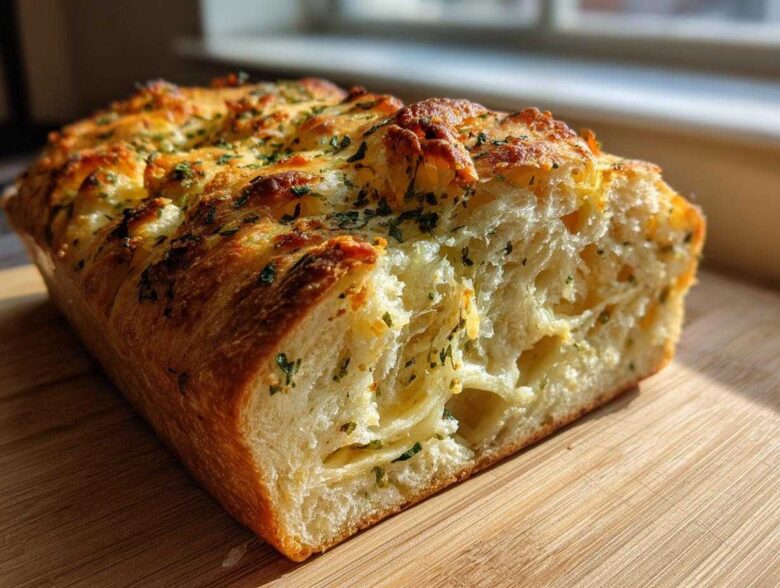 Close-up of a freshly baked Italian herb and cheese bread loaf cut open, showing soft interior and cheesy topping.