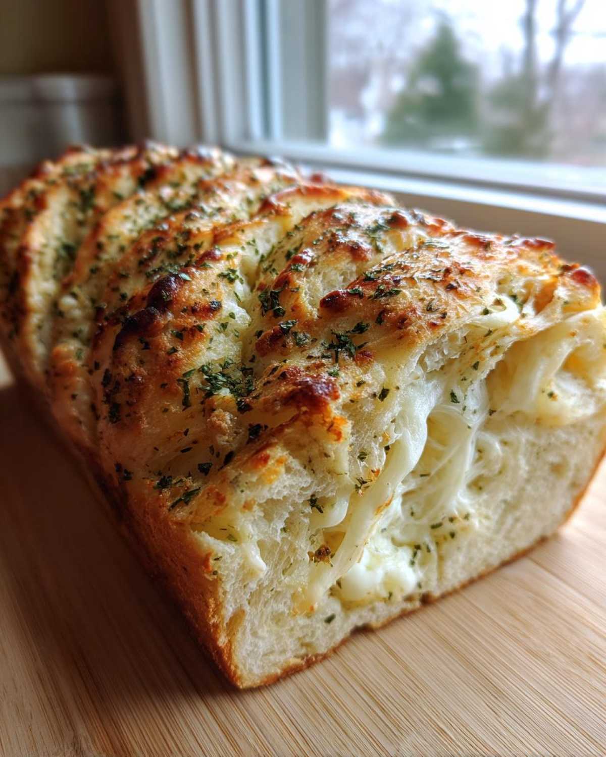 A freshly baked loaf of Italian herb and cheese bread, sliced and showing melted cheese pull.