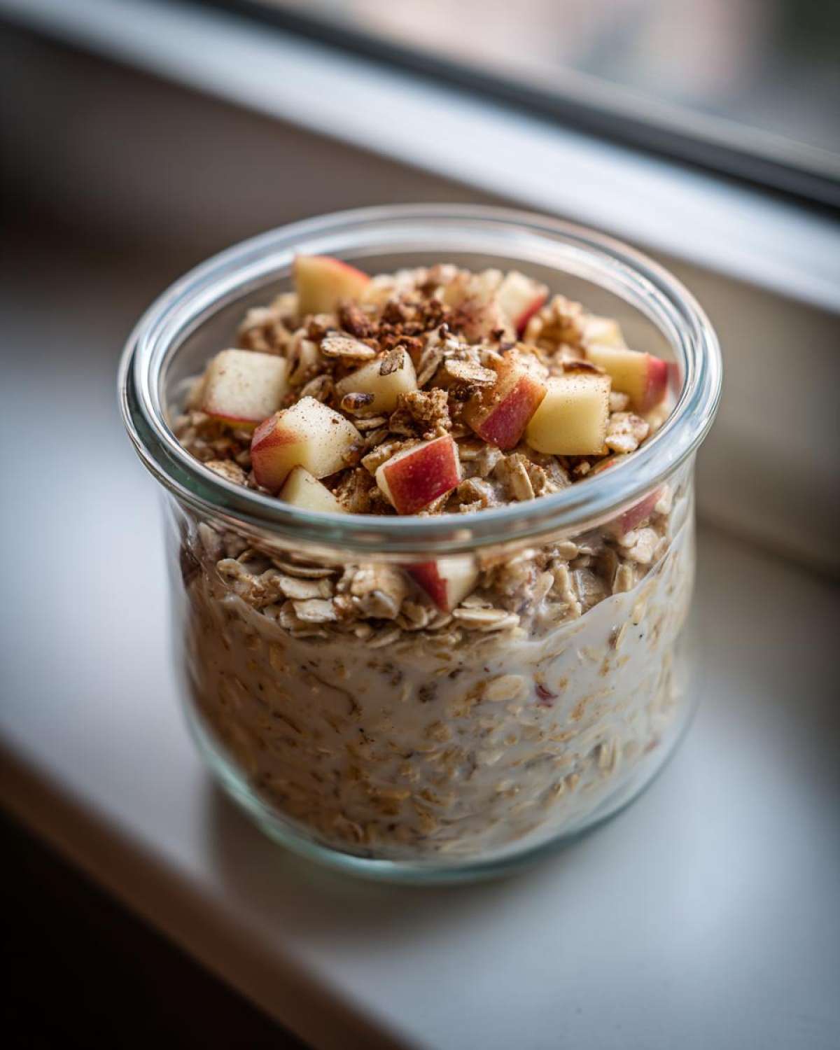 Close-up of apple cinnamon overnight oats in a glass jar, topped with diced apples and cinnamon.