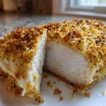 Close-up of baked caesar chicken breast cut in half, showing moist white meat and a crispy, golden breadcrumb crust.