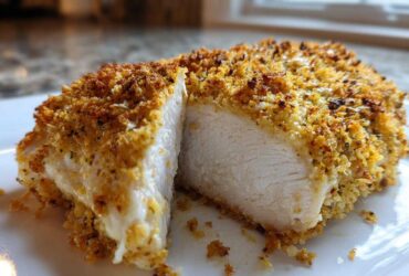 Close-up of baked caesar chicken breast cut in half, showing moist white meat and a crispy, golden breadcrumb crust.
