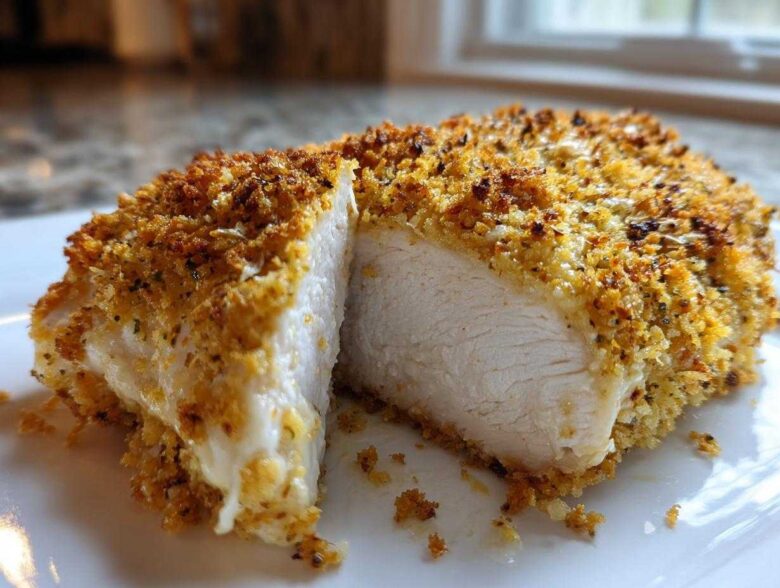 Close-up of baked caesar chicken breast cut in half, showing moist white meat and a crispy, golden breadcrumb crust.