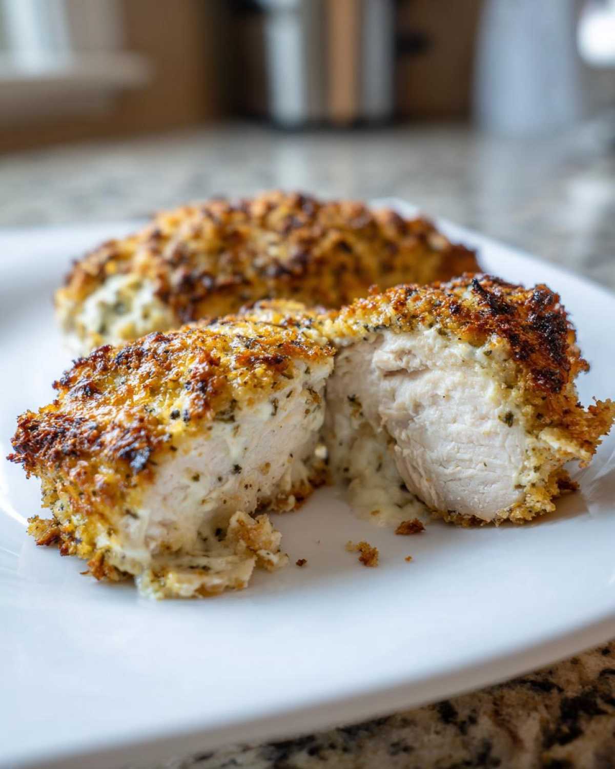 Close-up of baked caesar chicken breast cut in half, revealing a juicy interior and crispy topping.