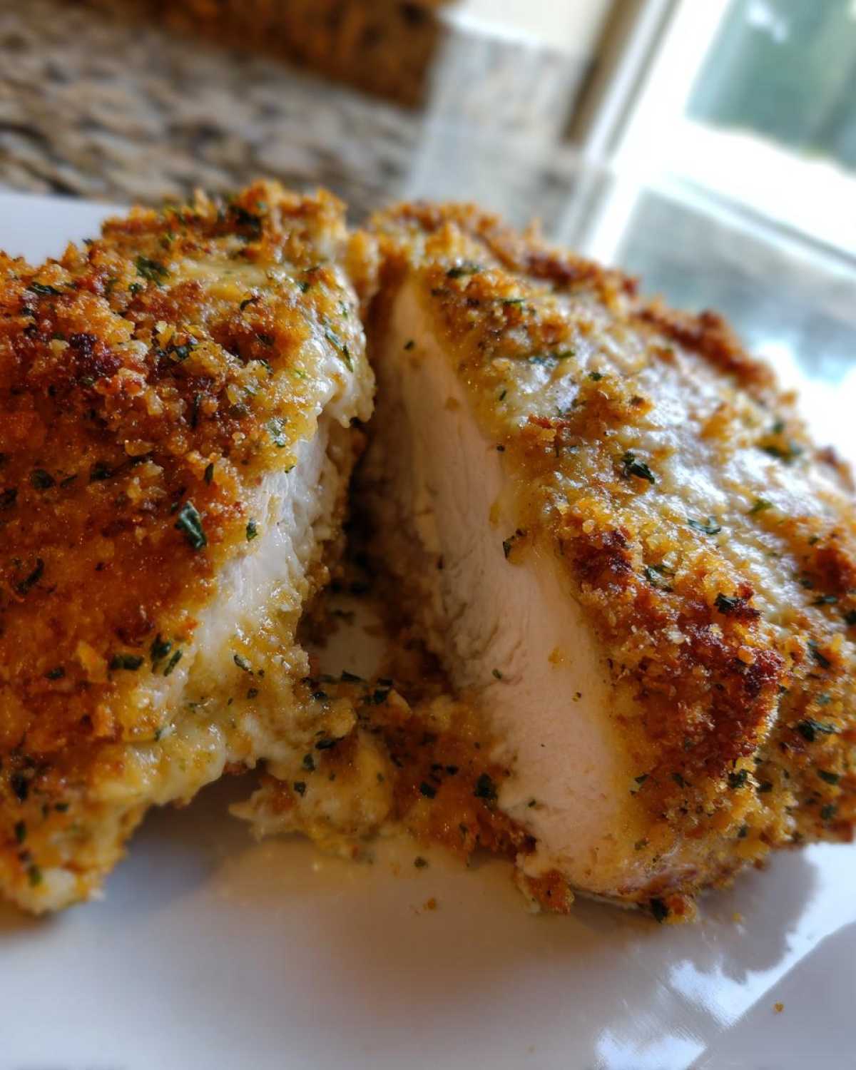 Close-up of a juicy caesar chicken breast cut in half, revealing white meat and a golden, herbed crust.