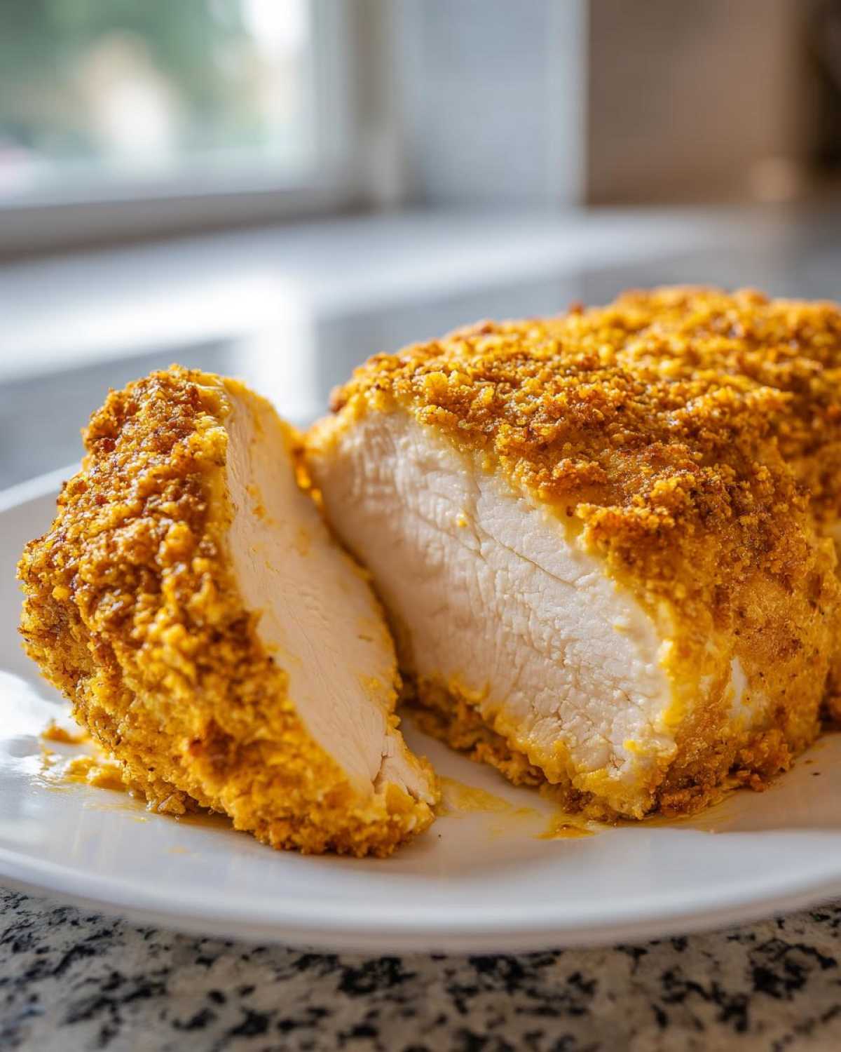 Close-up of a juicy, baked caesar chicken breast sliced to show the white, cooked interior and crispy, golden crust.