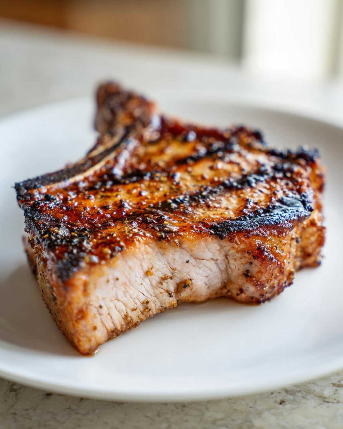 Close-up of a thick, perfectly grilled bone-in pork chop showing a juicy interior after using the marinade for pork chops.