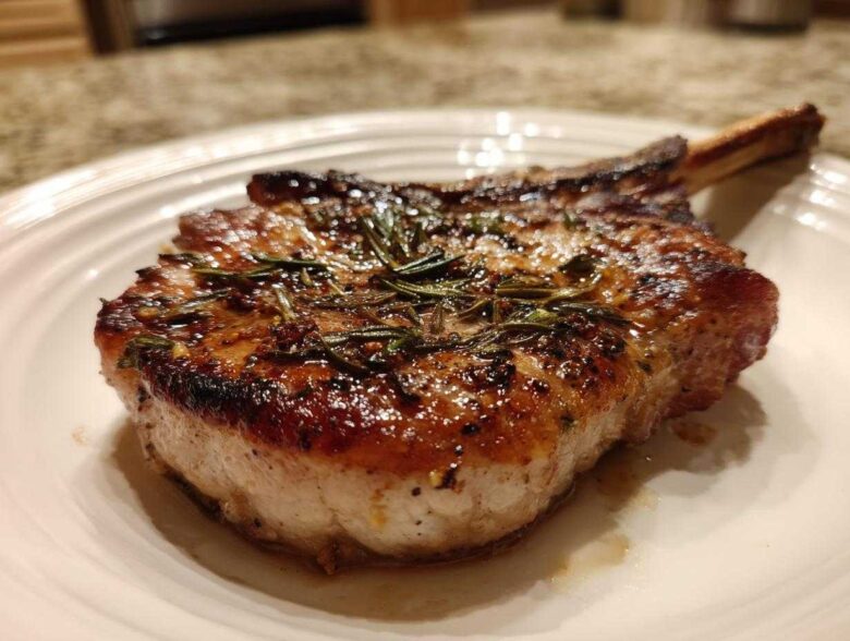 A thick, bone-in pork chop, perfectly seared and topped with rosemary, showing the results of the marinade for pork chops.