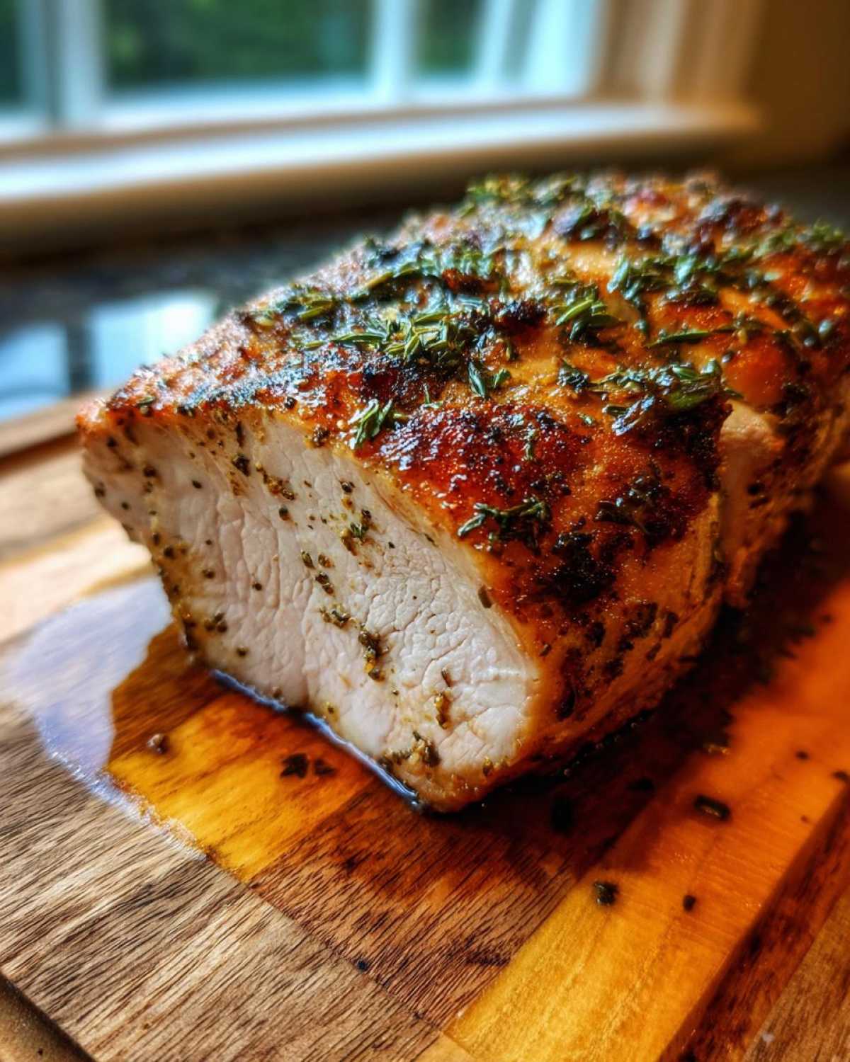 Close-up of a perfectly cooked, juicy pork loin roast resting on a wooden cutting board, showing the herb crust and tender interior.