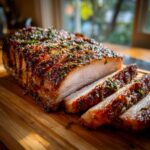 A perfectly cooked and sliced pork loin roast with a dark, herb-crusted exterior resting on a wooden cutting board.