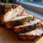 Close-up of a perfectly cooked pork loin roast, sliced to show juicy interior and herb crust.