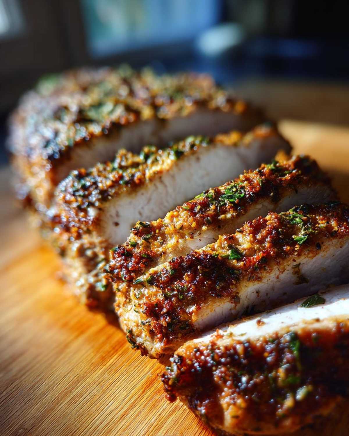 Close-up of a juicy pork loin roast sliced, showing a thick, flavorful herb and spice crust.