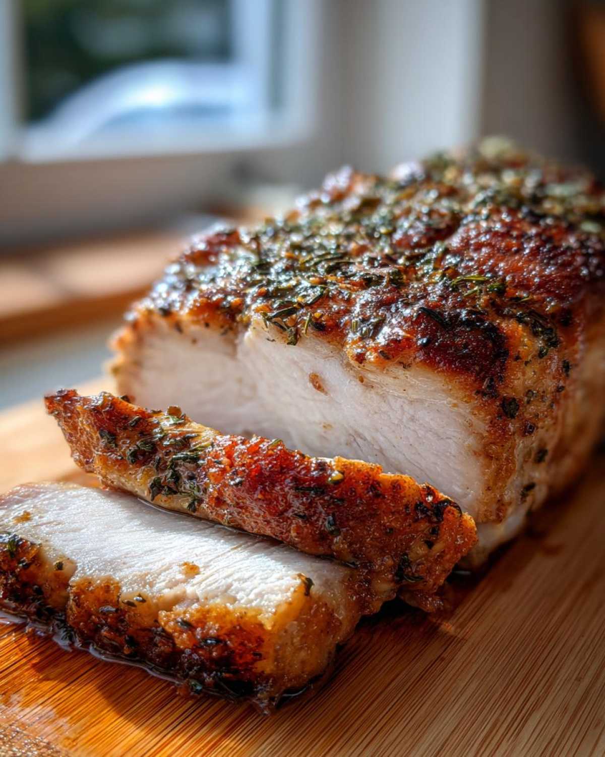 Close-up of a juicy pork loin roast, sliced to show the tender white meat and browned herb crust.