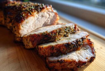 Close-up of a perfectly cooked pork loin roast, sliced to show juicy interior and herb crust.