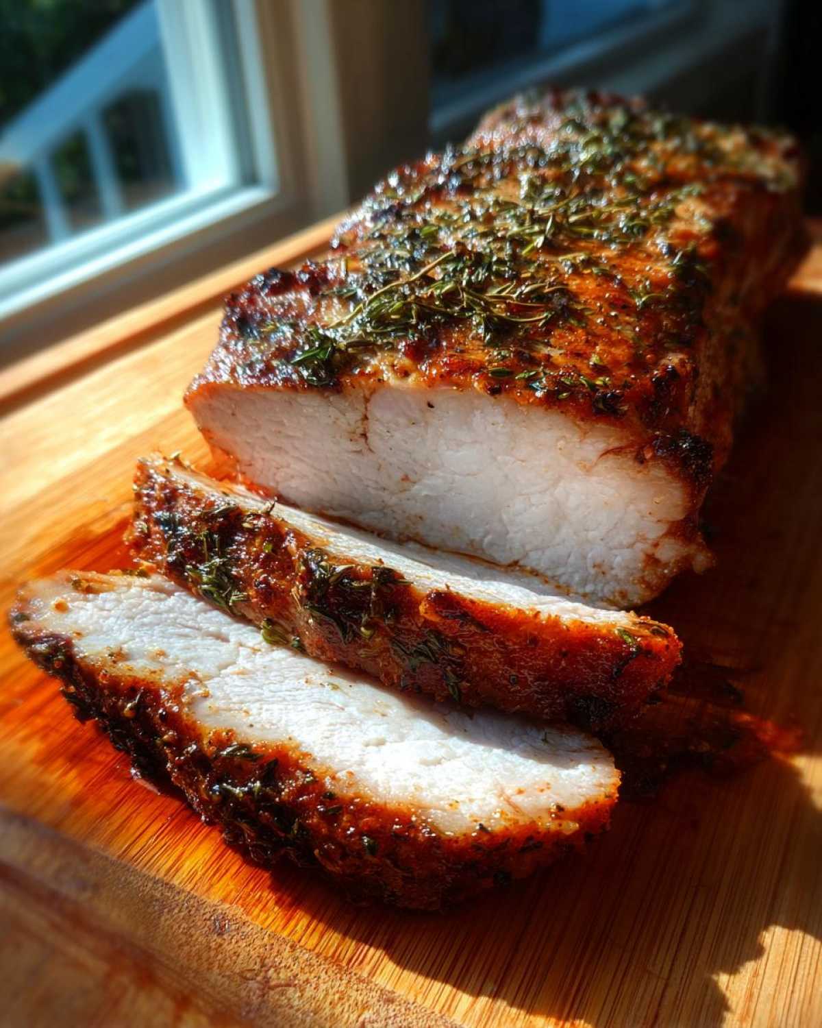 Close-up of a perfectly cooked, juicy pork loin roast, sliced to show the white interior and herb crust.