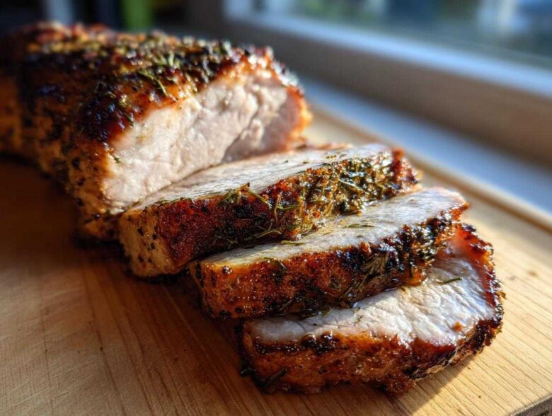 Close-up of a perfectly cooked pork loin roast, sliced to show juicy interior and herb crust.