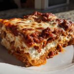 A thick, appetizing slice of lasagna with cottage cheese layers, topped with melted mozzarella and rich meat sauce.