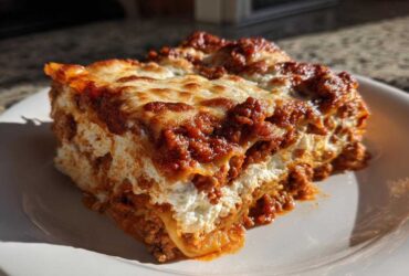 A thick, appetizing slice of lasagna with cottage cheese layers, topped with melted mozzarella and rich meat sauce.