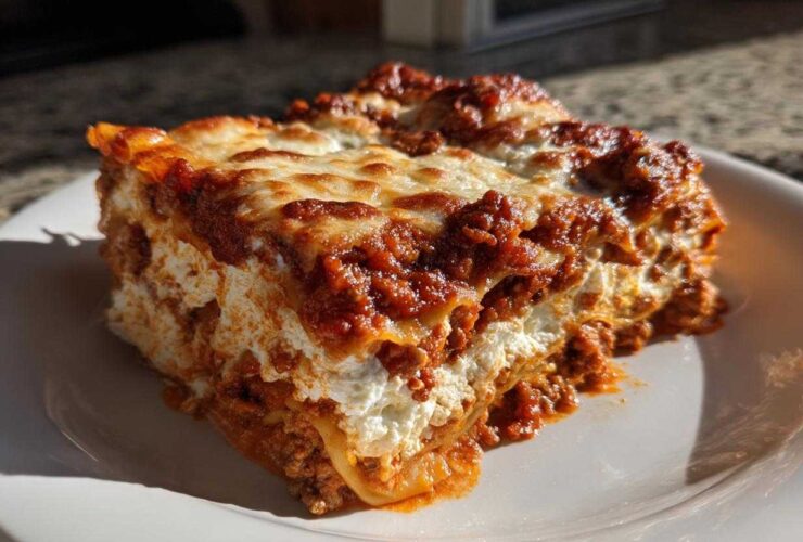 A thick, appetizing slice of lasagna with cottage cheese layers, topped with melted mozzarella and rich meat sauce.