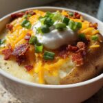 A close-up of a bowl of creamy loaded baked potato soup topped with cheese, bacon, sour cream, and chives.