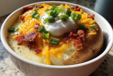 A close-up of a bowl of creamy loaded baked potato soup topped with cheese, bacon, sour cream, and chives.