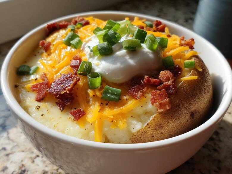 A close-up of a bowl of creamy loaded baked potato soup topped with cheese, bacon, sour cream, and chives.