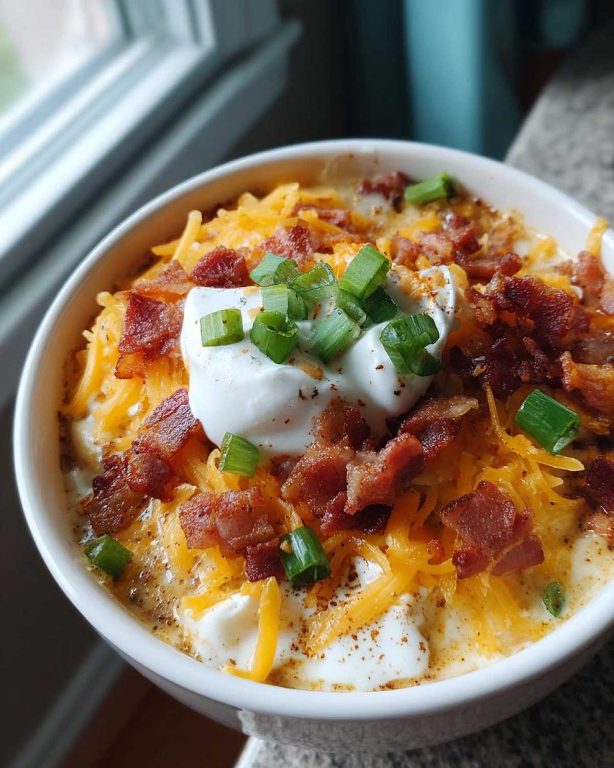 A close-up of a bowl of rich loaded baked potato soup topped with shredded cheddar, bacon bits, sour cream, and green onions.