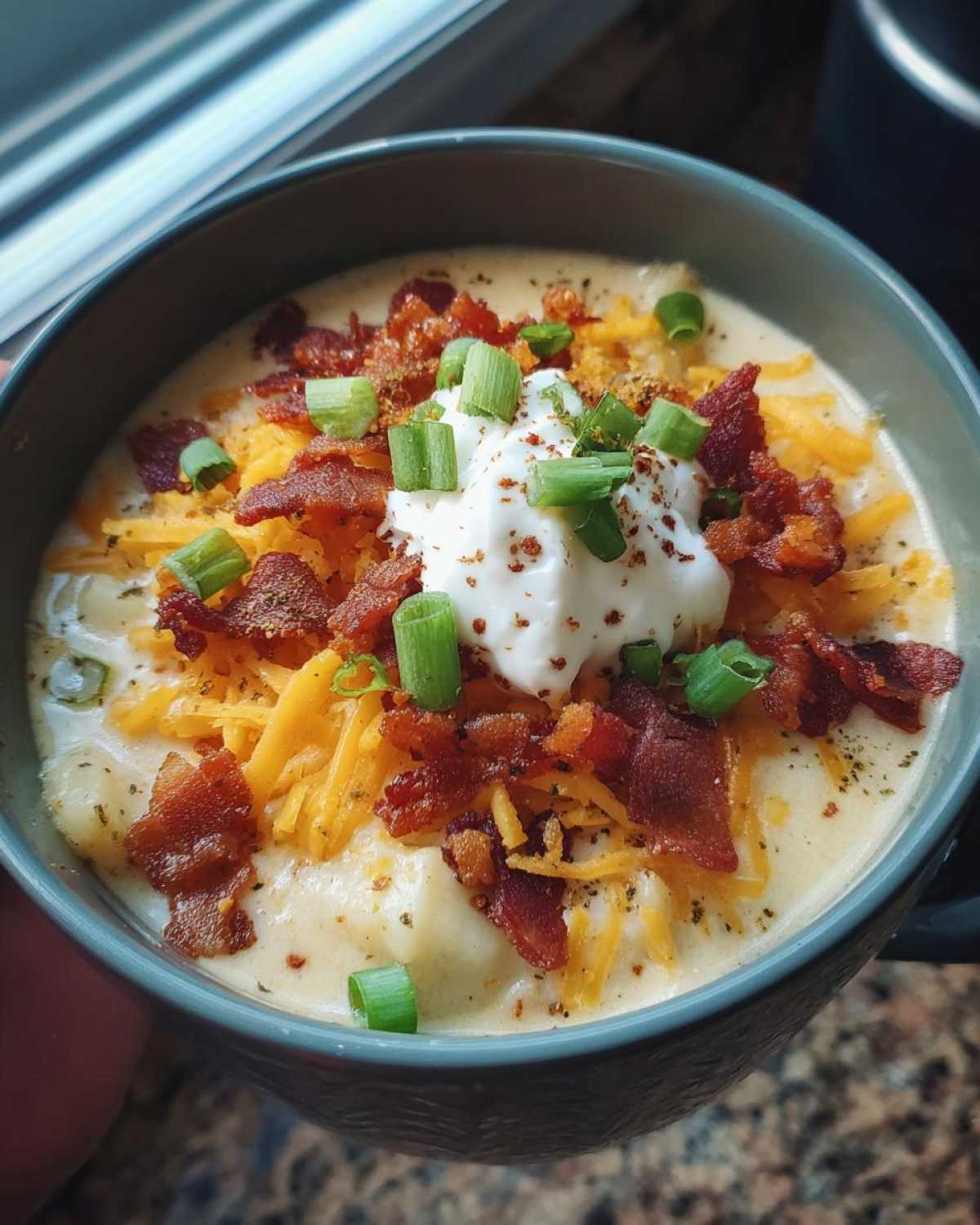 Close-up of a bowl of creamy loaded baked potato soup topped with shredded cheddar, bacon bits, sour cream, and green onions.