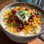 A close-up of a hearty bowl of loaded baked potato soup topped with shredded cheese, bacon, sour cream, and chives.