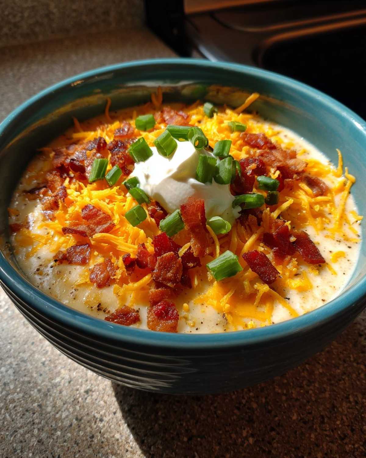 A close-up of loaded baked potato soup topped generously with shredded cheddar cheese, bacon bits, sour cream, and green onions.