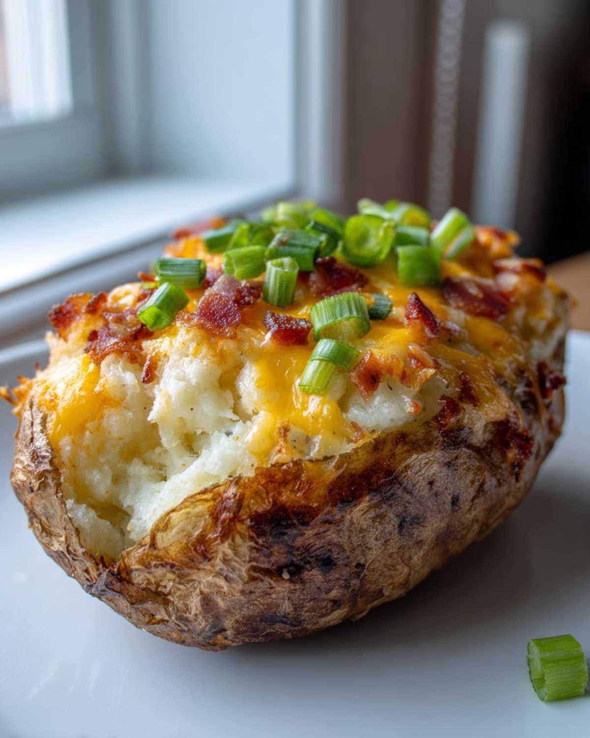 A close-up of a perfectly loaded twice baked potato topped with melted cheddar cheese, bacon bits, and fresh green onions.