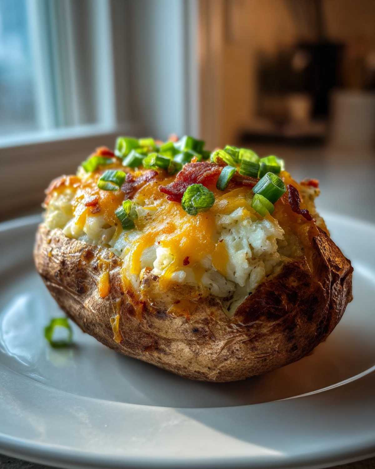 A close-up of a perfectly loaded twice baked potato topped with melted cheddar cheese, bacon bits, and green onions.