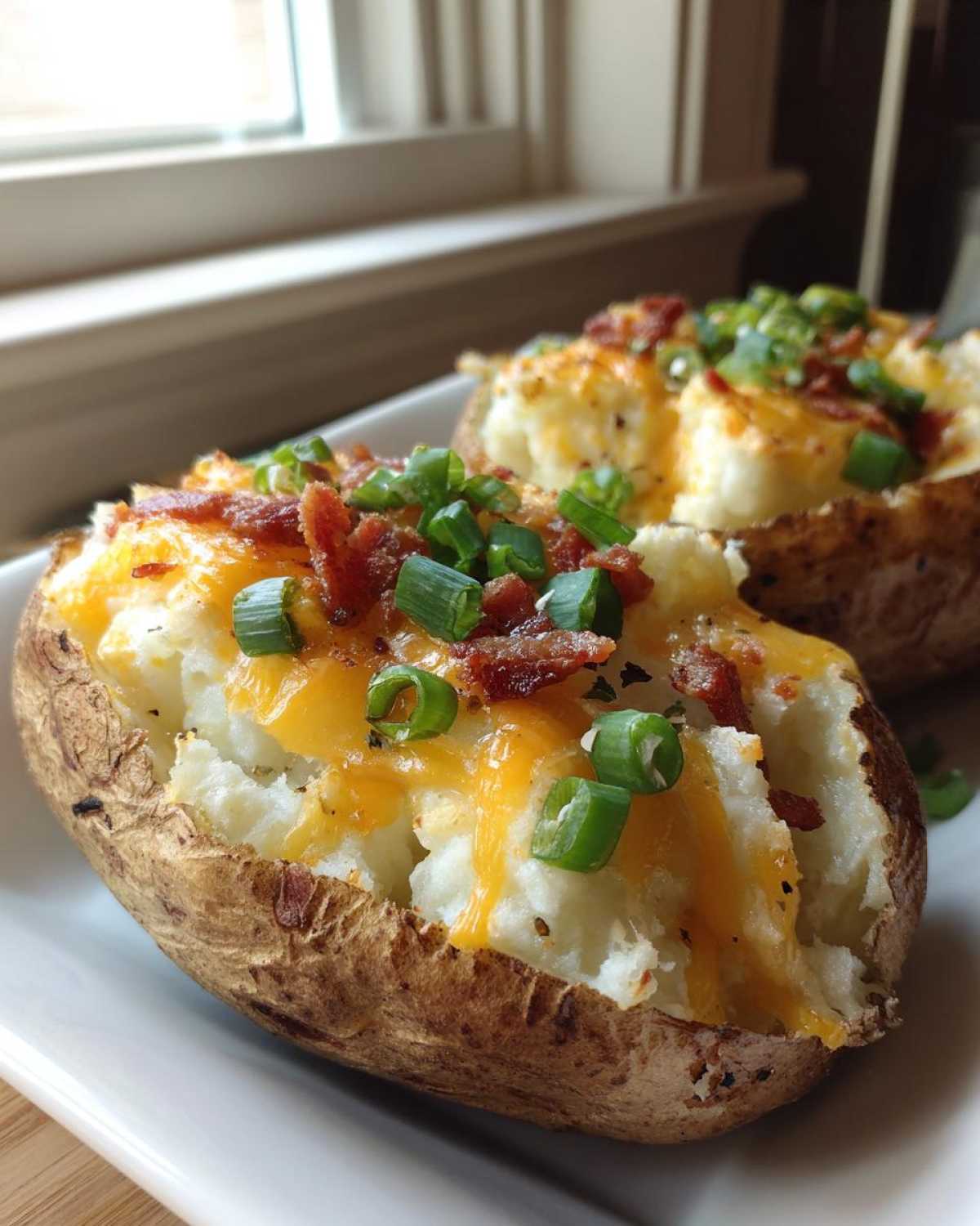 Close-up of a delicious twice baked potato stuffed with creamy filling, melted cheddar cheese, bacon bits, and green onions.