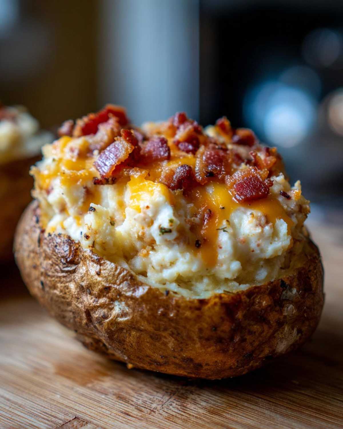 Close-up of a loaded twice baked potatoes stuffed with creamy filling, melted cheddar, and crispy bacon bits.