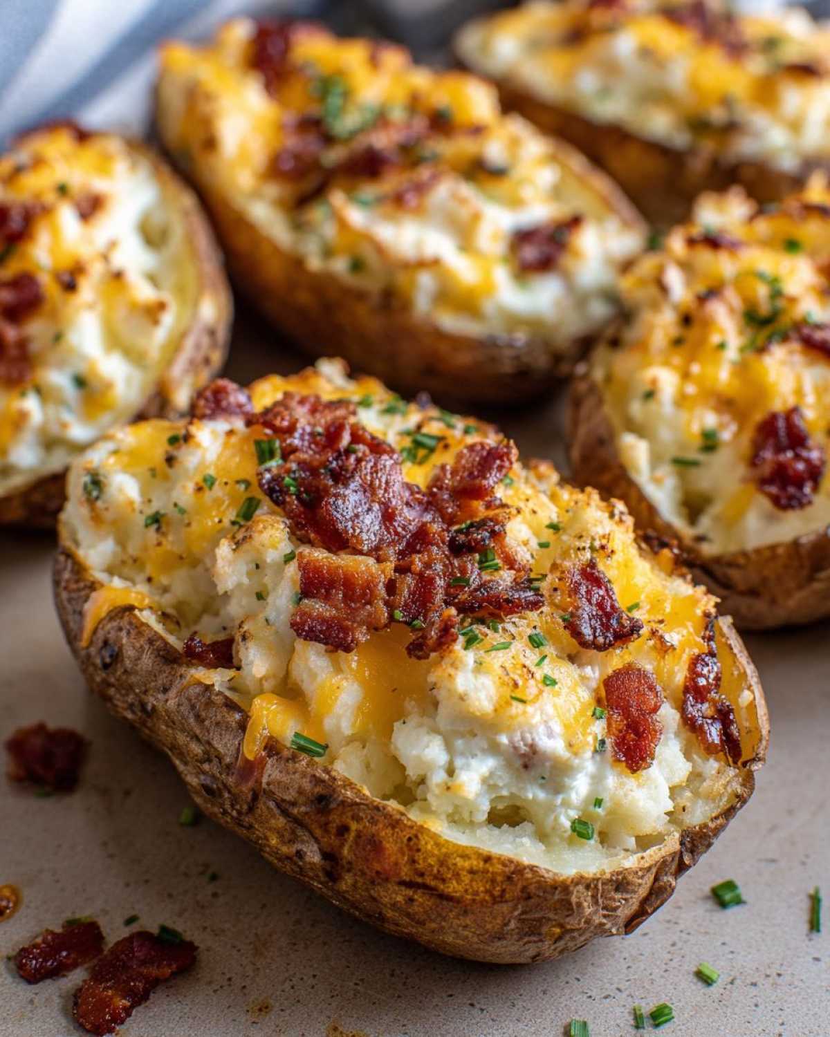 A close-up of a perfectly loaded twice baked potato topped with melted cheddar, crispy bacon bits, and chives.