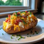 A close-up of a loaded twice-baked potato topped with melted cheddar cheese, bacon bits, and fresh chives.