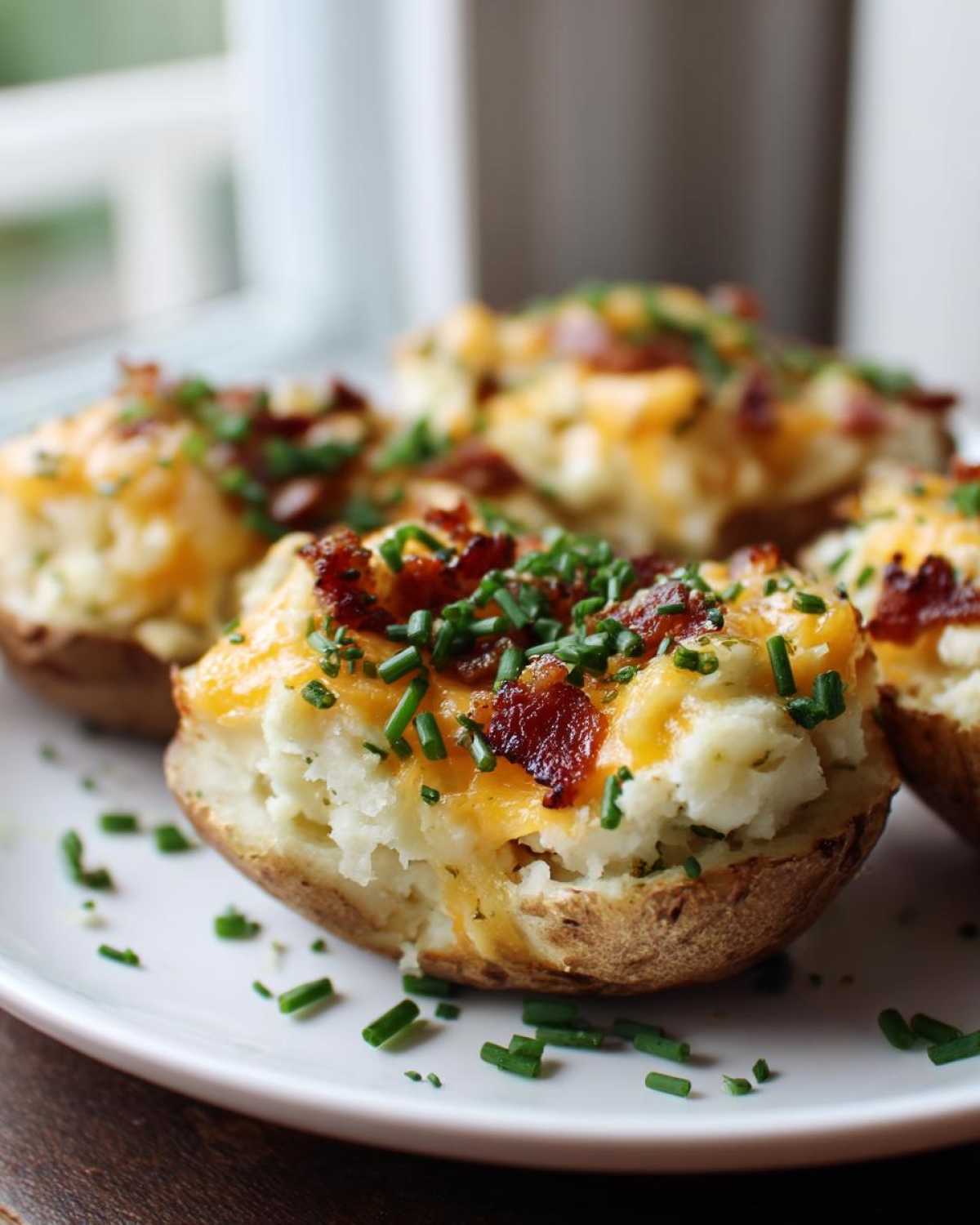 A close-up of several loaded twice-baked potatoes topped with melted cheddar cheese, crispy bacon, and fresh chives.