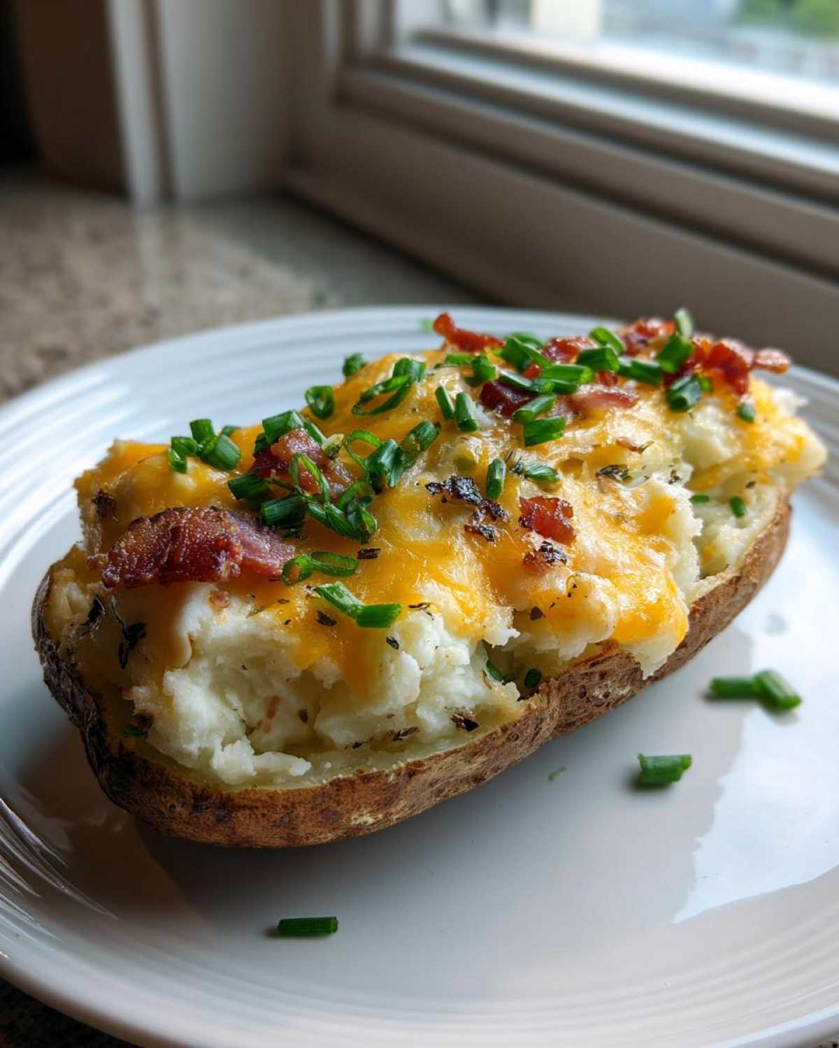 A close-up of a delicious twice-baked potato stuffed with mashed potato, topped with melted cheddar cheese, bacon bits, and fresh chives.